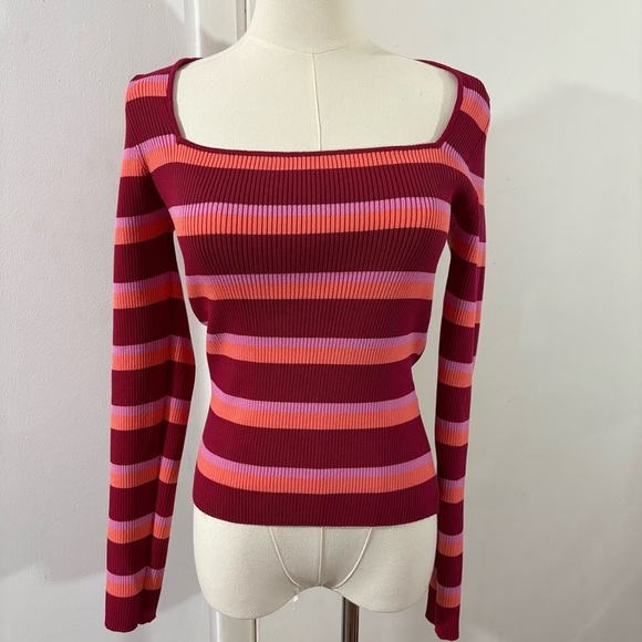 Striped Square Neck Sweater Pink Orange Burgundy Y2K Sz S 90s Retro Casual - Picture 1 of 8